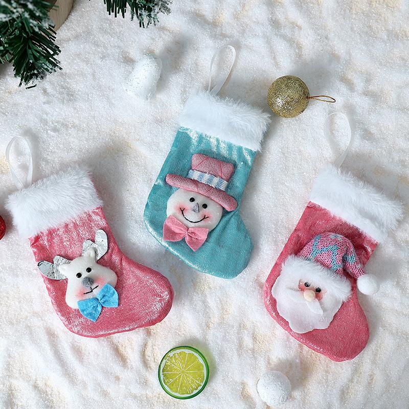 1pc Blue/Pink Christmas Stocking, Stocking Decorated With Santa Claus, Snowman And Elk Head, Plush Stocking With A Cuff