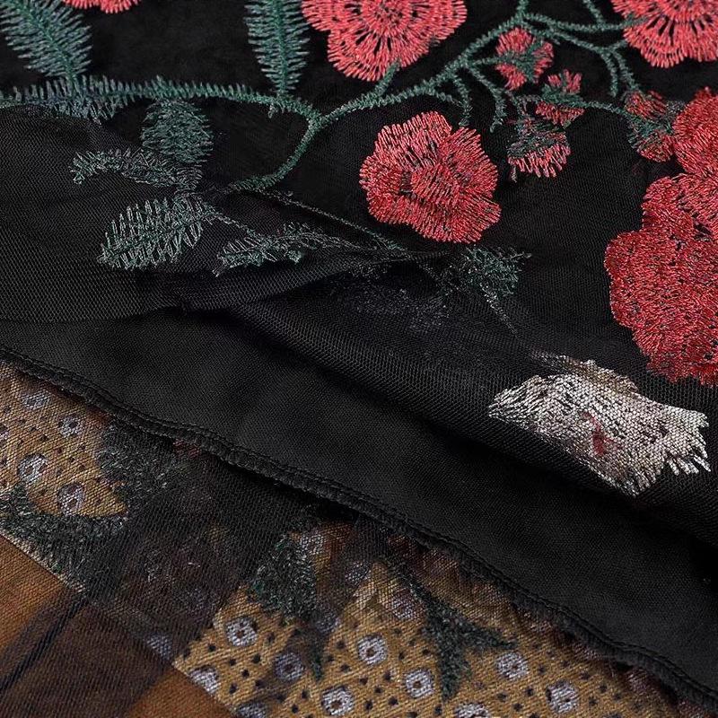 Women's Ethnic Embroidered Floral Mesh A-Line Midi Skirt