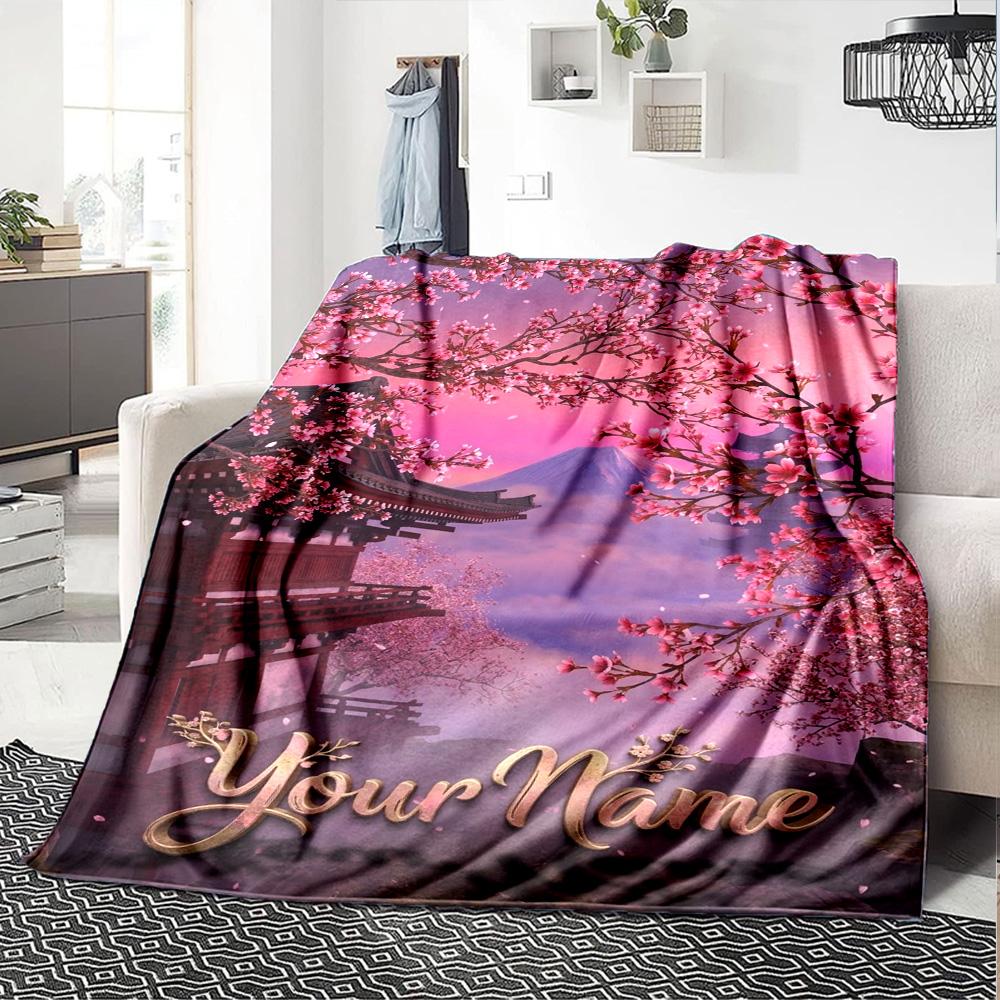 Name Custom Mount Fuji Cherry Blossoms Print Flannel Blanket High Quality Warm Comfortable Cover for All Seasons Perfect for Gifts Home Decor