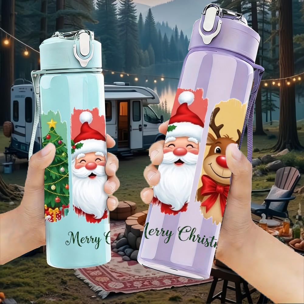 1PC Christmas Sock Gift Festive Print 750ml Color Plastic Sports Water Bottle Leakproof Flip Straw Lid Suitable for Sports Office Home Use