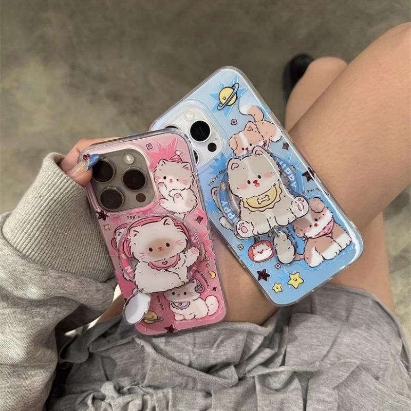 Korean Cute Kitten Puppy For Magsafe Magnetic Phone Grip Tok Griptok Stand For iPhone 16 Wireless Charging Case Ring Holder