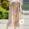 2024 Summer Chinese Style Embroidered Acetate Satin Midi Skirt with Lace Trim