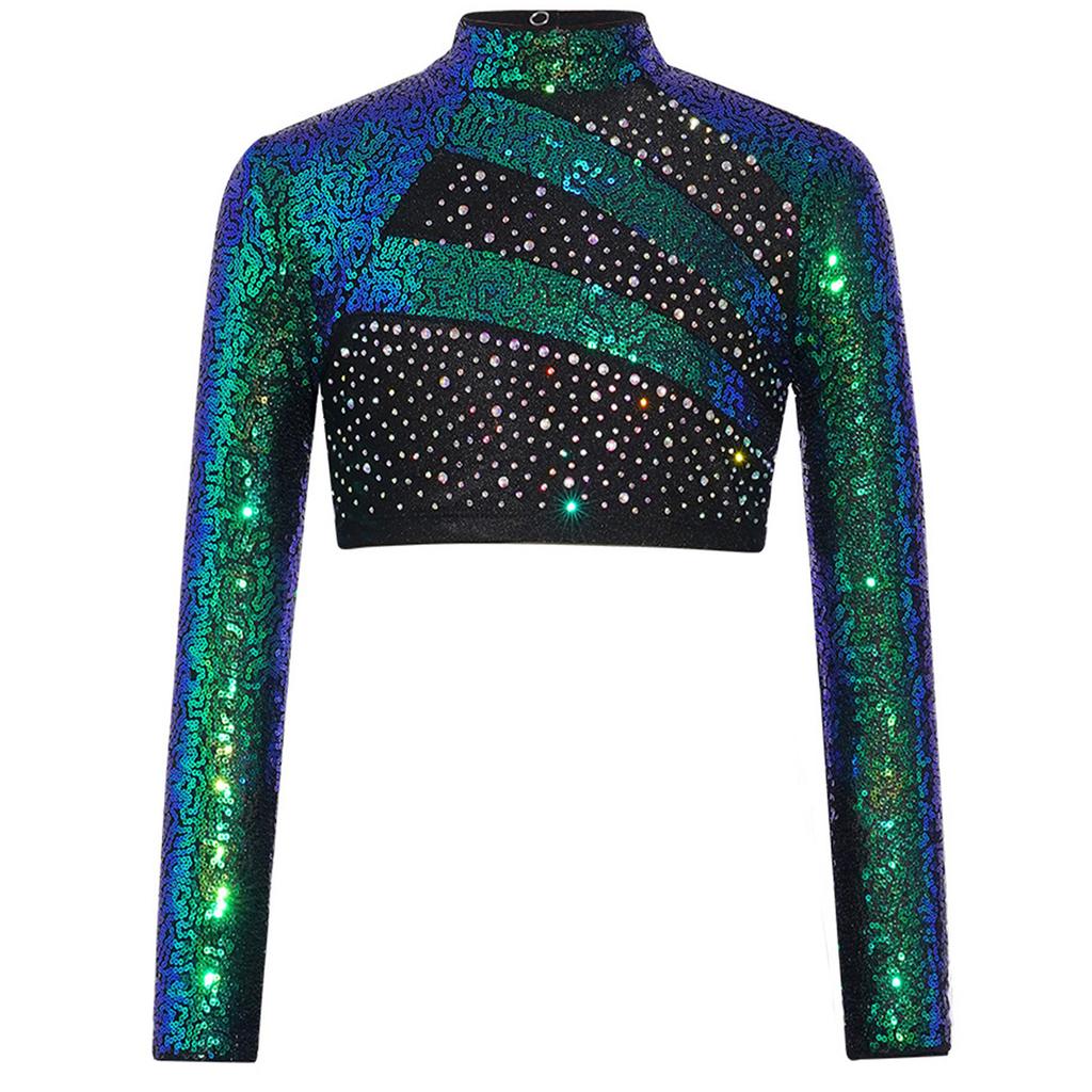 Mädchen Rollkragen Langarm Pailletten Strass Crop Top Cutout Rücken Druckknopf Tanz Top