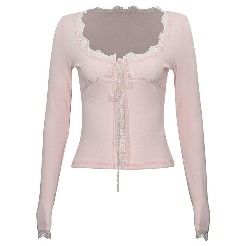 

C416Tp American Style Spicy Girl 2025 Spring New Solid Color V-Neck Long-Sleeve Lace Patchwork Tie-Up Slim-Fit Women s Top Pink C416Tp S