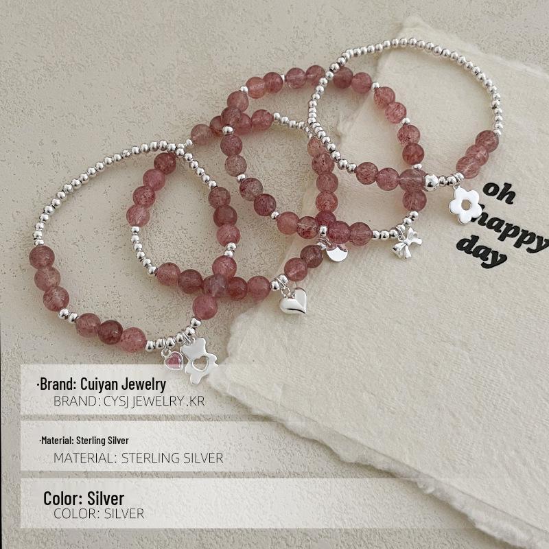 Cui Yan S925 Sterling Silver Korean Style Strawberry Crystal Bowknot Bracelet, Sweet and Layered Heart Design for Women.