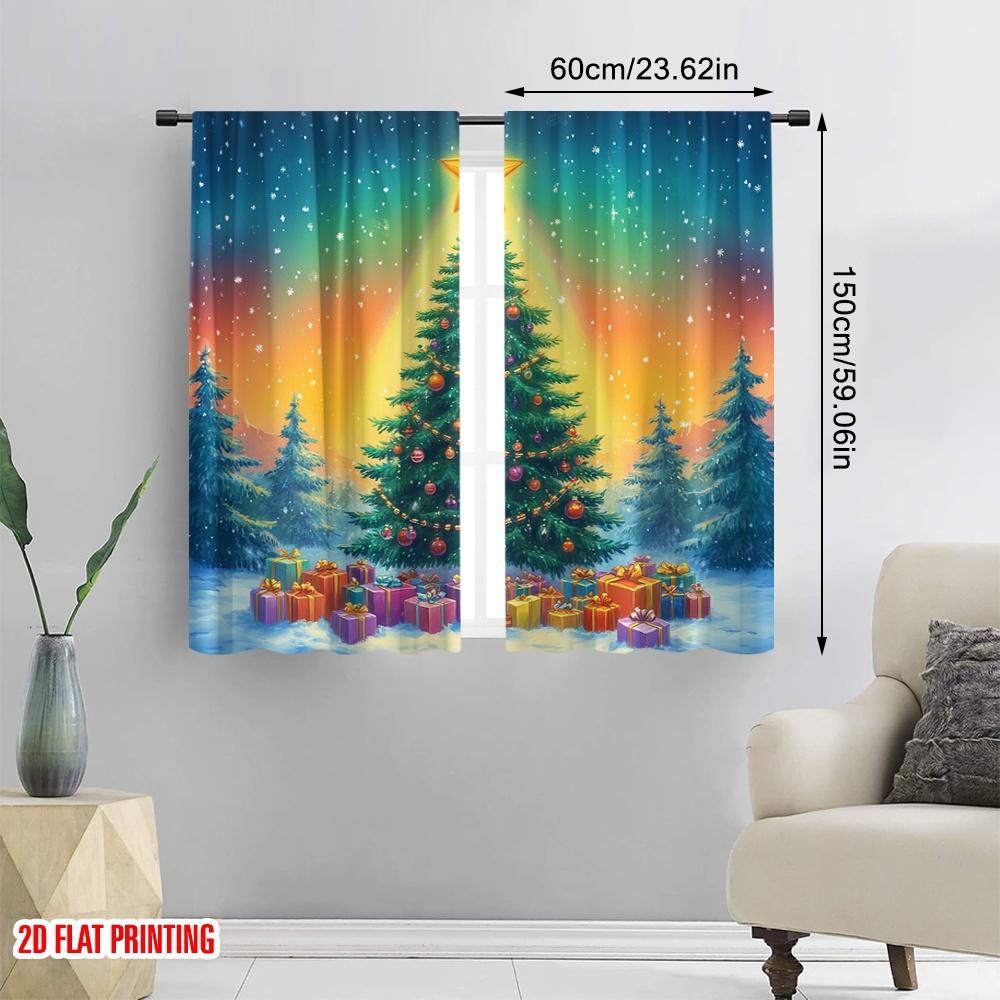 2pcs,2D Plane Printing Contemporary Curtains Christmas Tree Gifts Snowfall 100% Polyester (without Rod) Festive Ldeal for