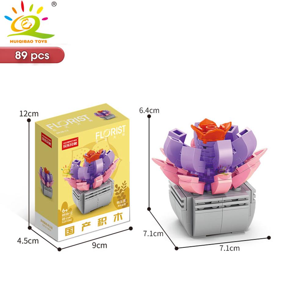 HUIQIBAO MOC Flower Succulent Potted Model Building Block DIY Eternal Bouquet Home Desk Plant Decor Brick Girl Gift Children Toy