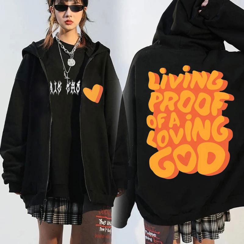 Hanorace cu fermoar și imprimeu grafic Christian Living Proof Of A Loving God pentru bărbați și femei, verset biblic Iisus, jachete de iarnă, sweatshirt