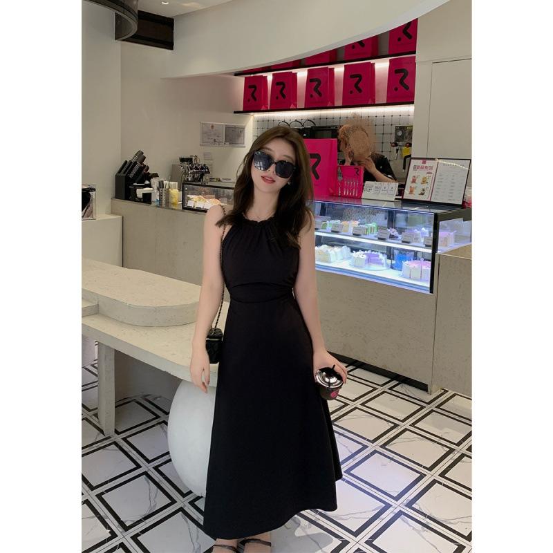 

Seaside vacation style neck waist dress women s gentle wind temperament age-reducing chic long skirt dopamine skirt 2XL