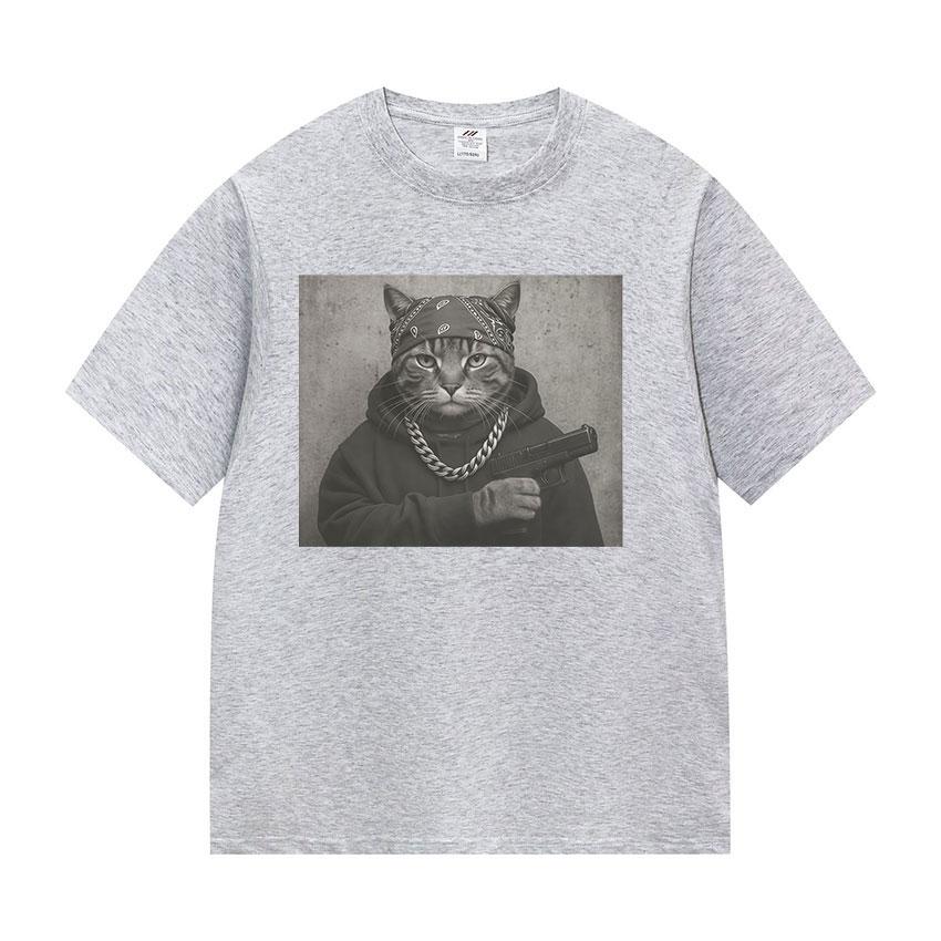 2025 Summer Funny Cat Graphic Print T Shirt Gang Cat Cool Hip Hop Men's Vintage High Quality 100% Pure Cotton Printed T-shirt