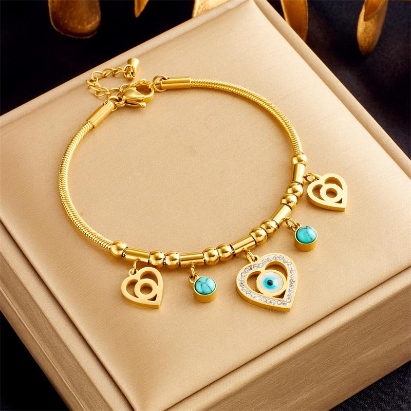 316L Stainless Steel New Fashion Fine Jewelry 9 Styles Beaded Zircon Stone Heart Eye Charm Thick Snake Chain Bracelets For Women