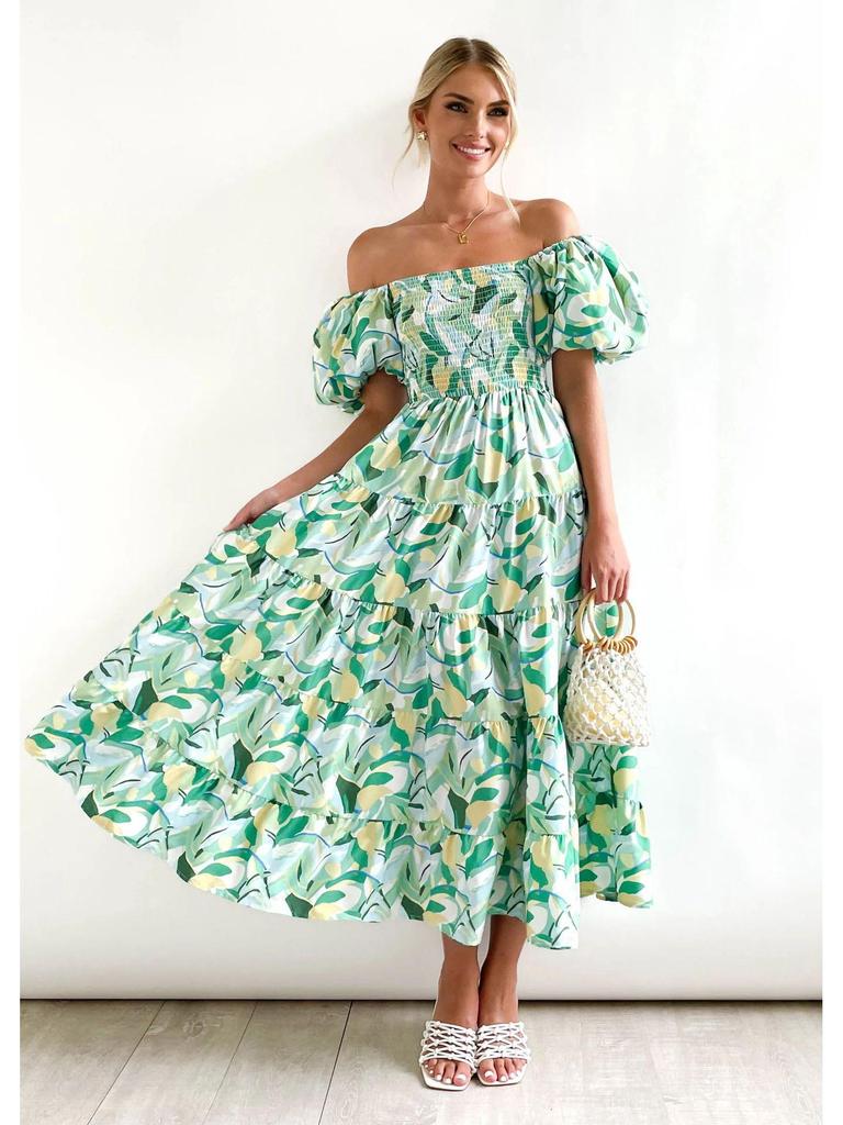 2024 Sommer Einseitiges Puffärmel Slim Langes Kleid