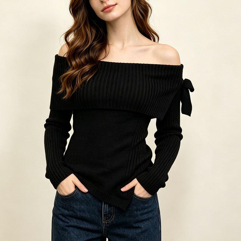 Damen S Langarm Strickpullover Schulterfrei Schleife Figurbetont Herbst Winter
