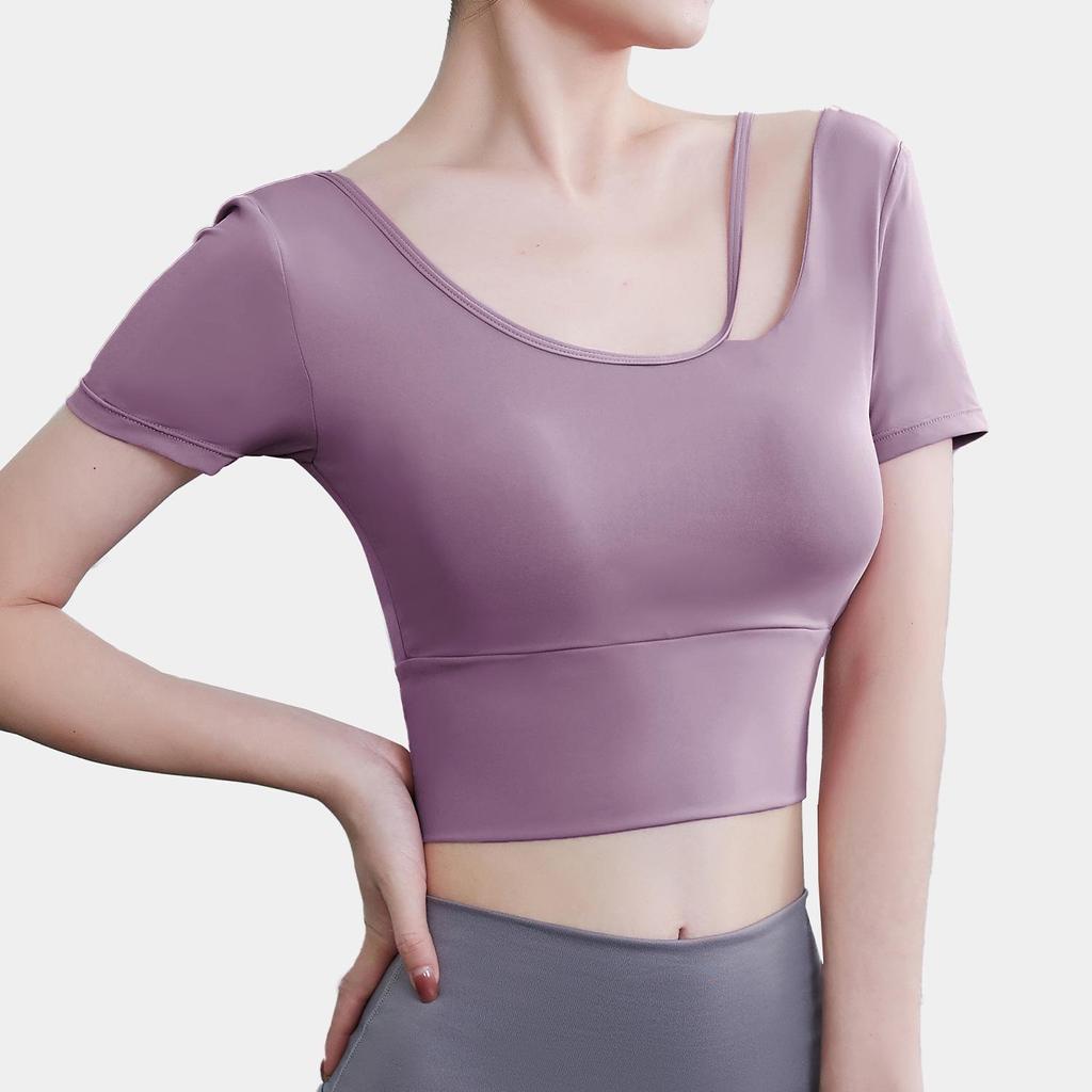 Summer Women's Quick-Dry Yoga Crop Top with Chest Pads - Short Sleeve Fitness Shirt