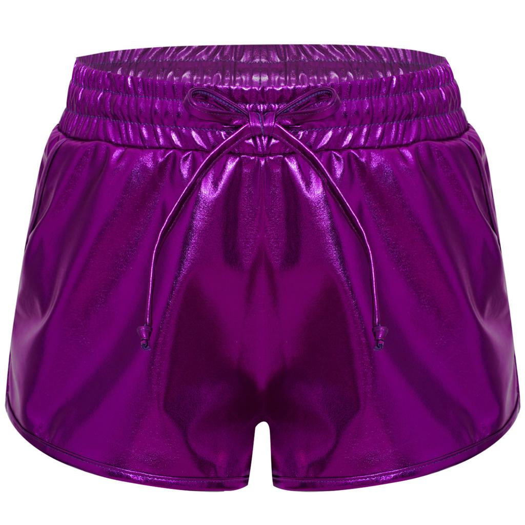 Meisjes Metallic Korte Broek Trekkoord Elastische Tailleband Glanzende Hotpants Dans Bodems Zakken Sportkorte Broek