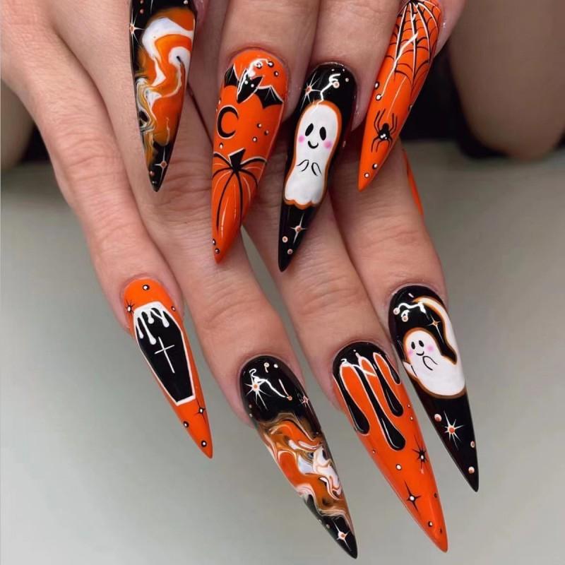 Halloween Nail Art Tips With Spiderweb Ghost Bat Blood Drop Design - Press-On Nails Gel Adhesive Jelly Glue Options