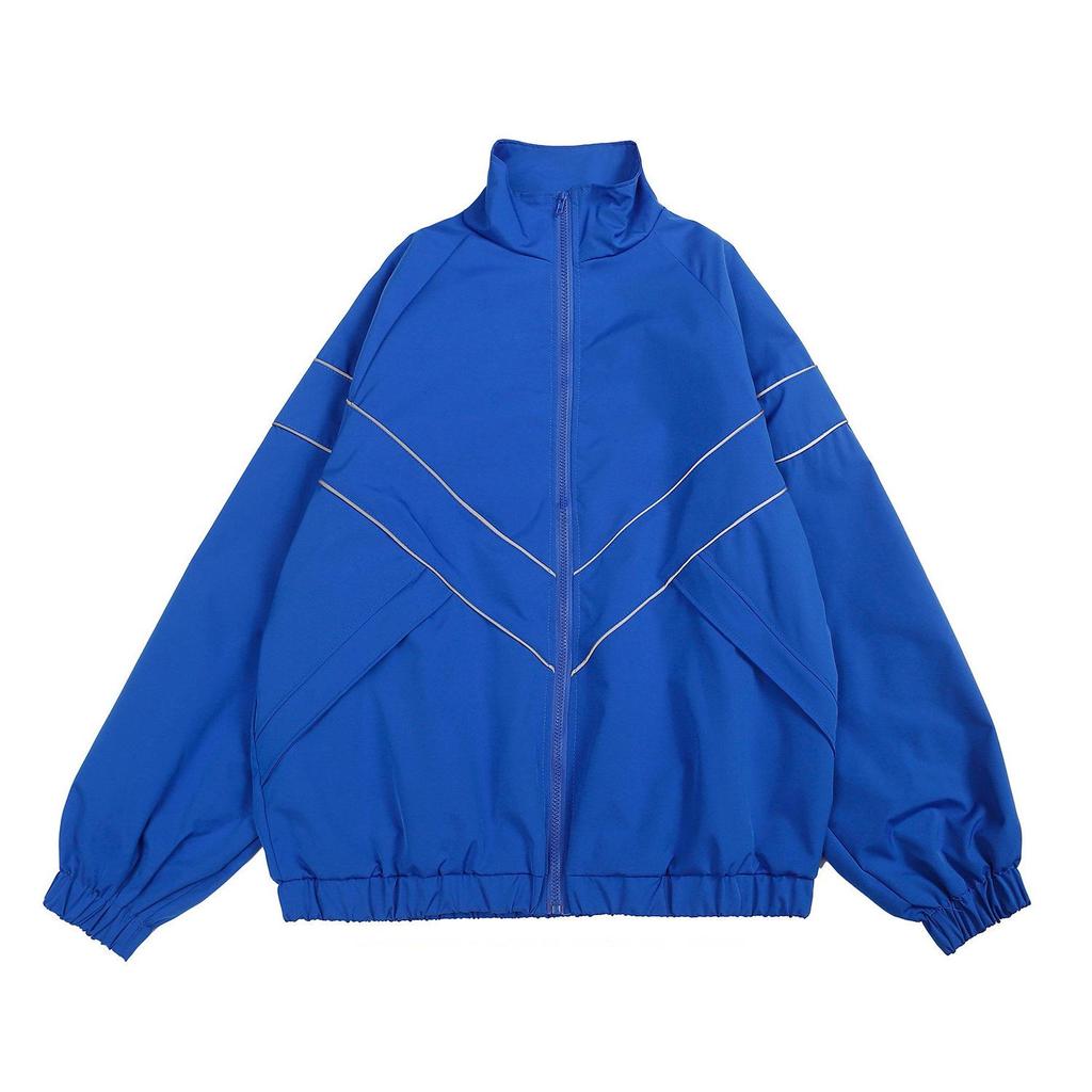 Oversized Black Windbreaker Jacket - Men's Full Zip High Neck Top with Geometric White Chevron Lines & Elastic Hem