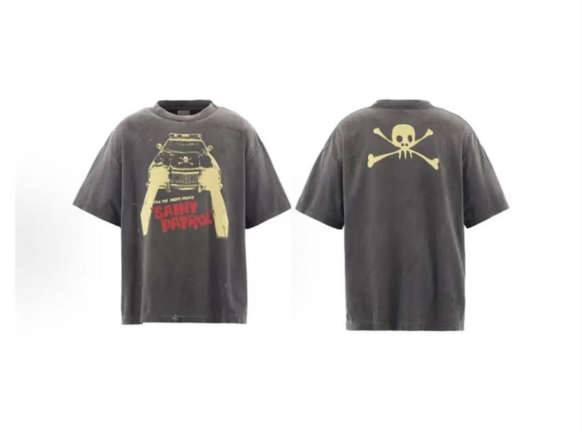 New SAINT Skull Pattern Printed Vintage Wash Versatile Creative Short Sleeve Round Neck Cotton Street Leisure Sports Tshirt S
