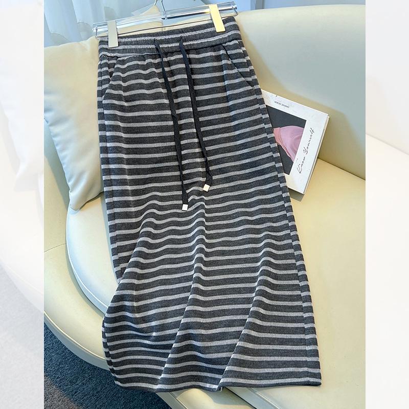 Women's Striped Knit A-Line Midi Skirt with Slit - Spring/Autumn 2025 Korean Style