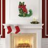 Lighted Cat Wreath for Front Door Artificial Greenery Wreath with Poinsettia And Red Bow Christmas Animal Shaped Swag for Farmhouse