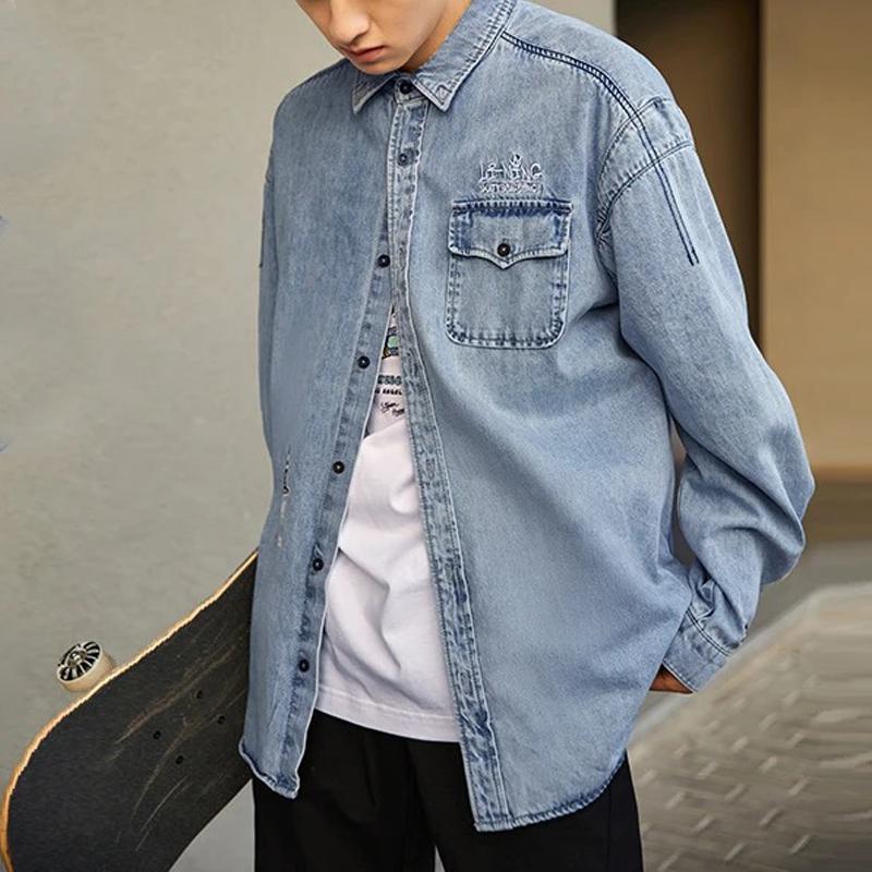 Li-Ning Skateboard Series Logo Embroidered Washed Denim Shirt Men Tops Light-Blue ASHS011-1