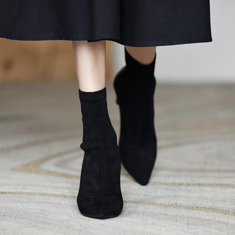 French pointed high-heeled short boots women's 2025 autumn and winter new suede thin boots thick heel elastic boots black small bare boots
