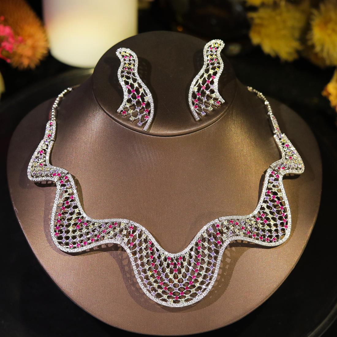 

ASNORA Fashion Wavy Colorful Necklace Luxury Cubic zirconia Jewelry Set For Women Dubai Bride Suitable Wedding Balls Accessories WHITE&42.5 cm