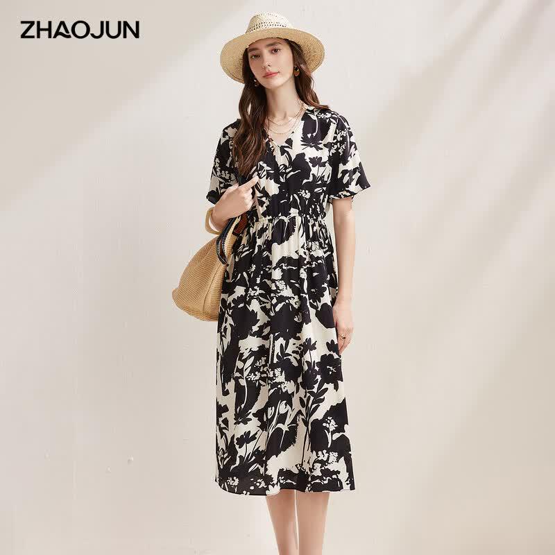 Zhaojun Silk Blend Printed Short-Sleeve Midi Dress 2XL