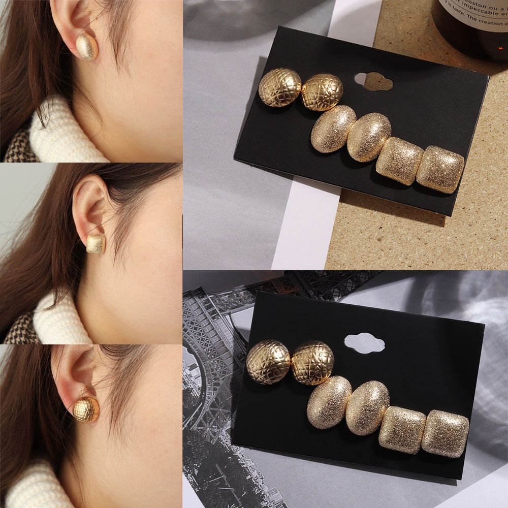 3Pairs/Set Women Metal Jewelry Geometry Pattern Scrub Gold Earrings Round Oval Punk