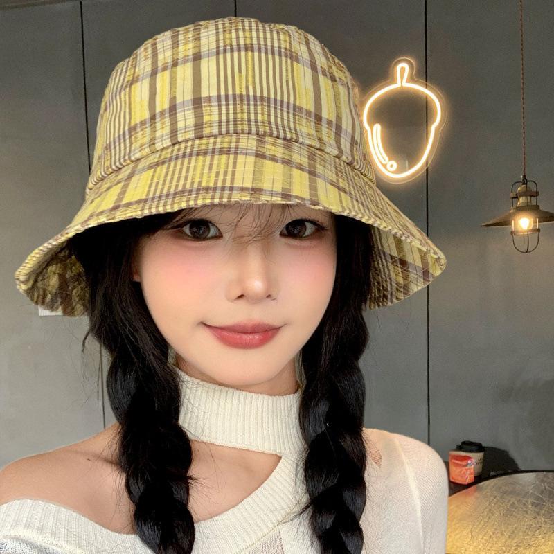 Retro Plaid Yellow Bucket Hat Women S Spring Summer Versatile Sunshade Sunscreen Basin Hat Showing Face Small Hat M（56-58cm）