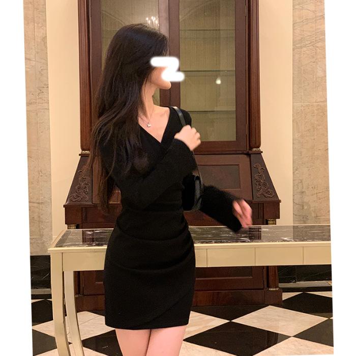 [Original practice] Small V-neck waist pleated dress for women's spring and autumn long-sleeved slim-fitting short hip wrap