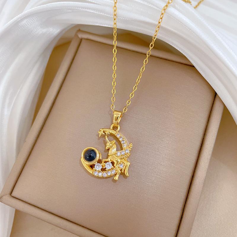 Titanium Steel, Pegasus Moon Projection Light Luxury Temperament Gorgeous Full Diamond Necklace Female Versatile Collarbone Chain Titanium Steel