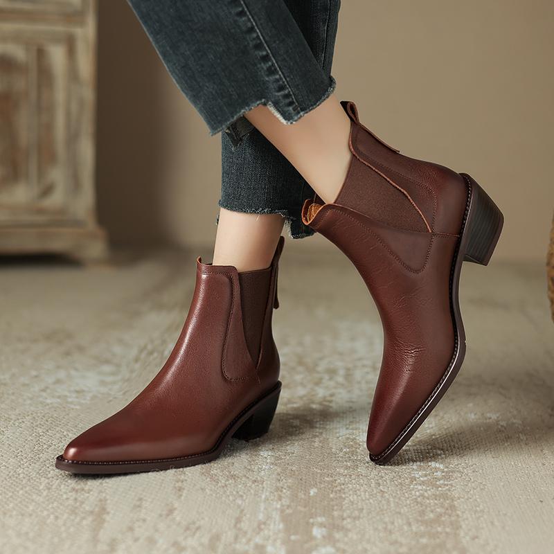 2024 Vintage Women Genuine Leather Ankle Boots Autumn Winter Thick Heels High Quality Elastic Band Office Lady Retro Shoes Woman
