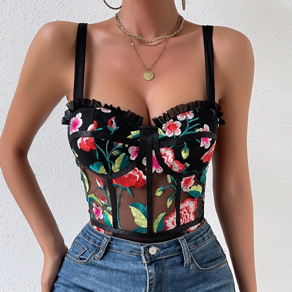 Neuer sexy Body mit fragmentierter Blumenstickerei und Holzohrkanten-Perspektive