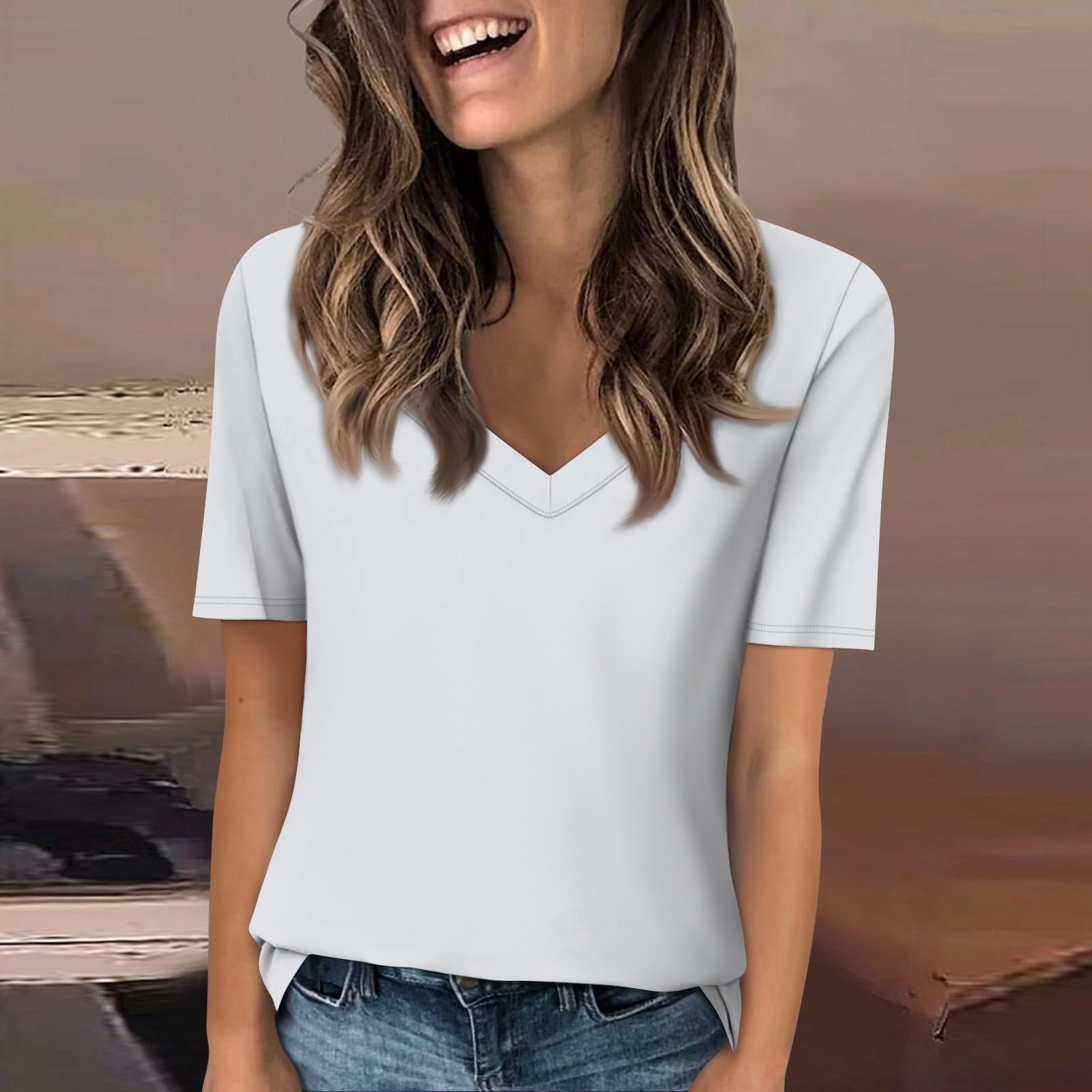 

Женская футболка с v-образным вырезом, топ с короткими рукавами, повседневная однотонная футболка L белый