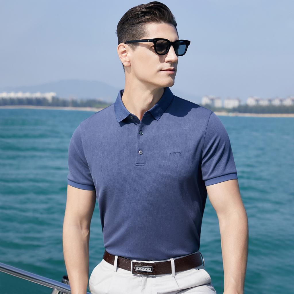 Men's Mulberry Silk Jacquard Knit Short-Sleeved Polo Shirt