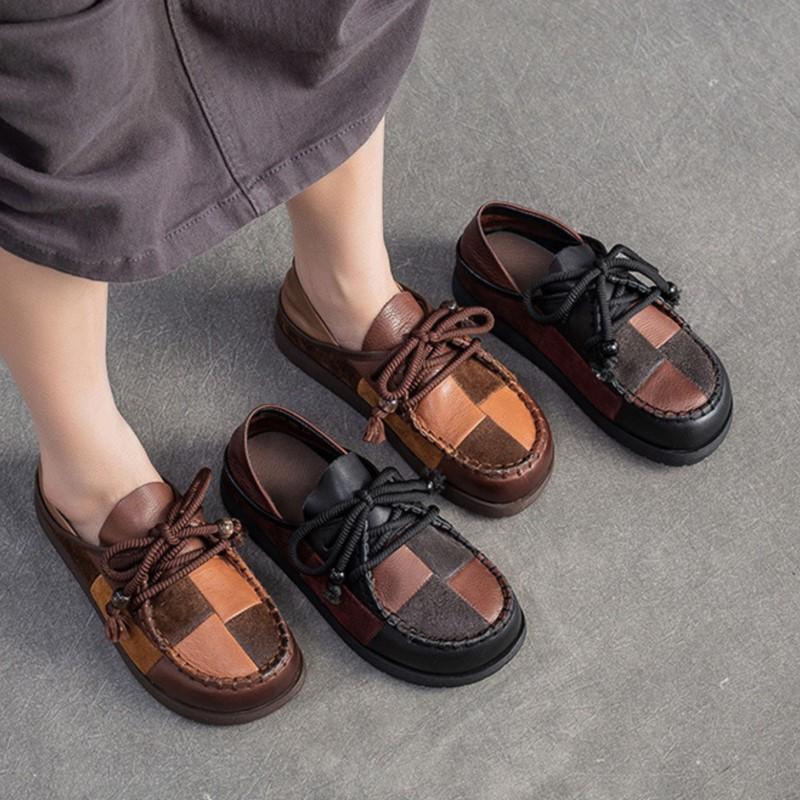 Johnature Retro Genuine Leather Mixed Colors Versatile Comfortable Casual Women's Flat Shoes