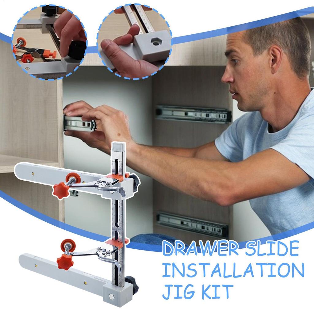 Drawer Slide Installation Jig Adjustable Cabinet Pull Jig Drill Guide with Toggle Clamp Magnetic Arm Stainless Rail Positioner