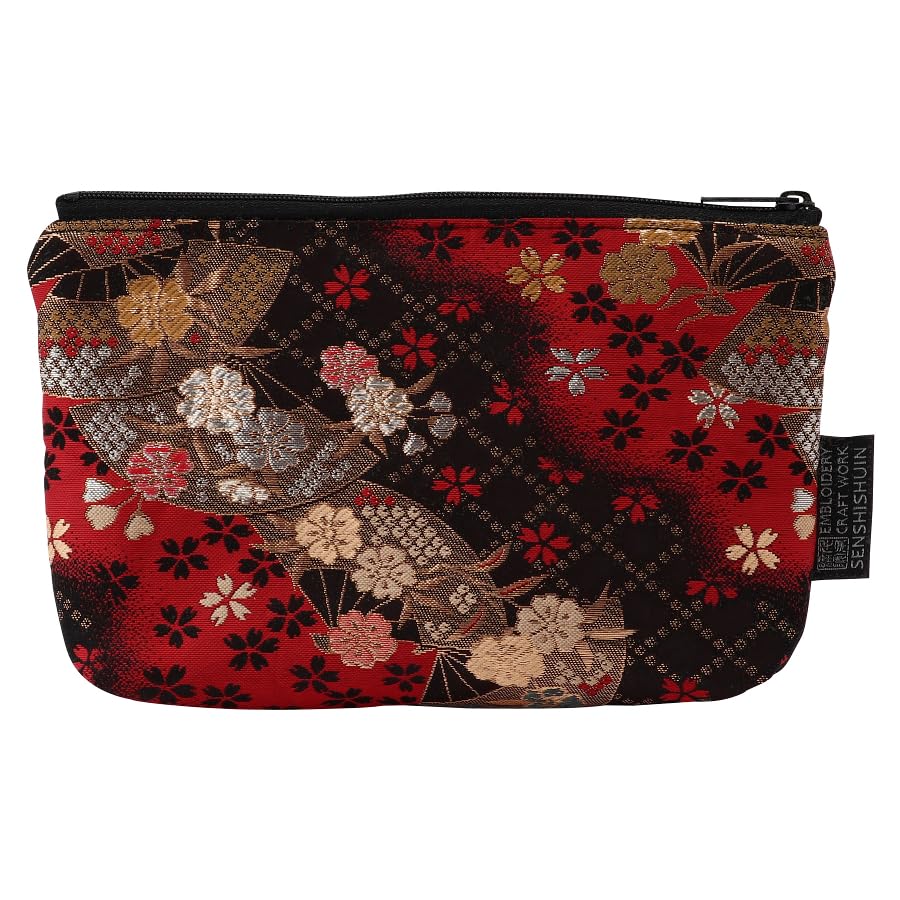Senshishuin Nishijin Brocade Pouch with Red Fan Cherry Blossom Design (with Lining) (Small)