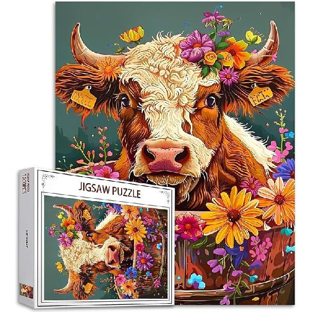 Adorable Pig in Bathtub Jigsaw Puzzle 1000 Pieces Puzzles for Adults, Farmhouse Animal Flowers Jigsaw Puzzles for Challenging Family Activity Games