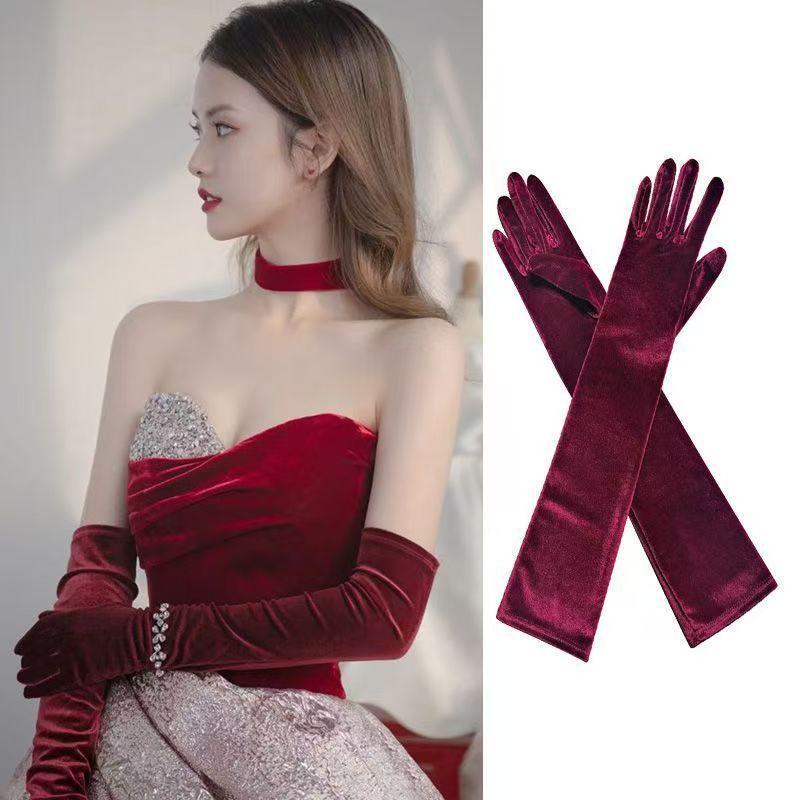 Reba Gold Velvet Long Wedding Gloves: Retro Hepburn Style for Brides