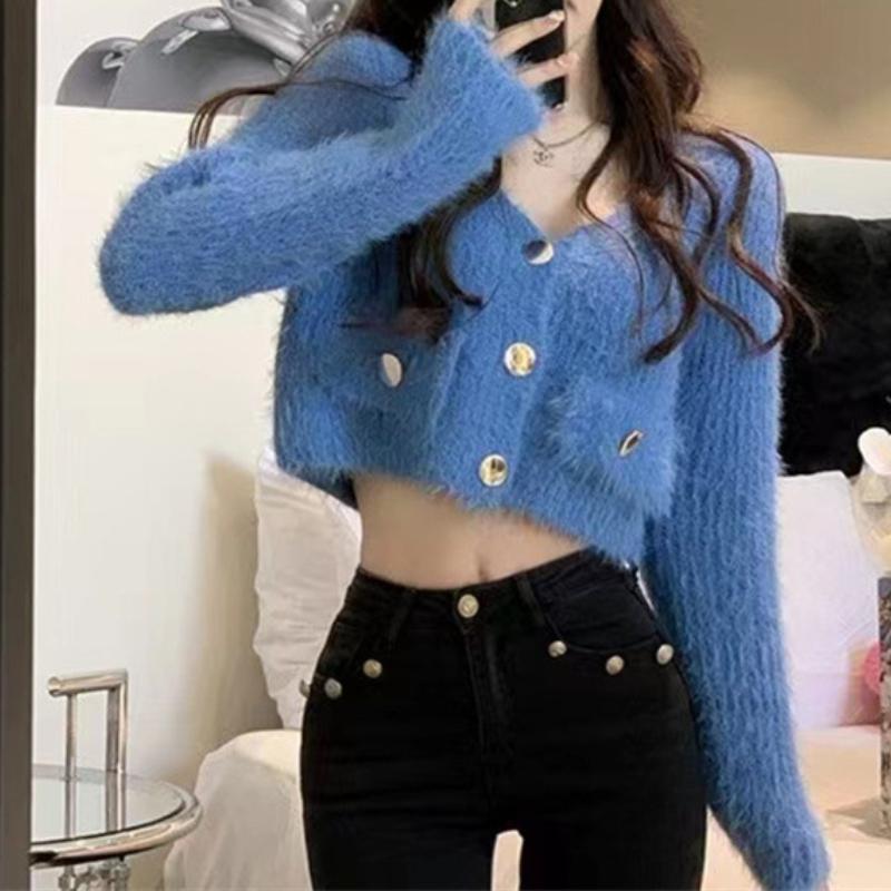 

GMXIA Женский осенне-зимний французский стиль с V-образным вырезом, плюшевый, тонкий, плюшевый, короткий, с длинными рукавами, вязаный кардиган-джемпер One size павлин голубой