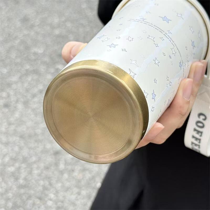 500ml Stars Print Coffee Thermos Cup 316 Stainless Steel Double Wall Vacuum Flask Portable Travel Mug with Handle Office School