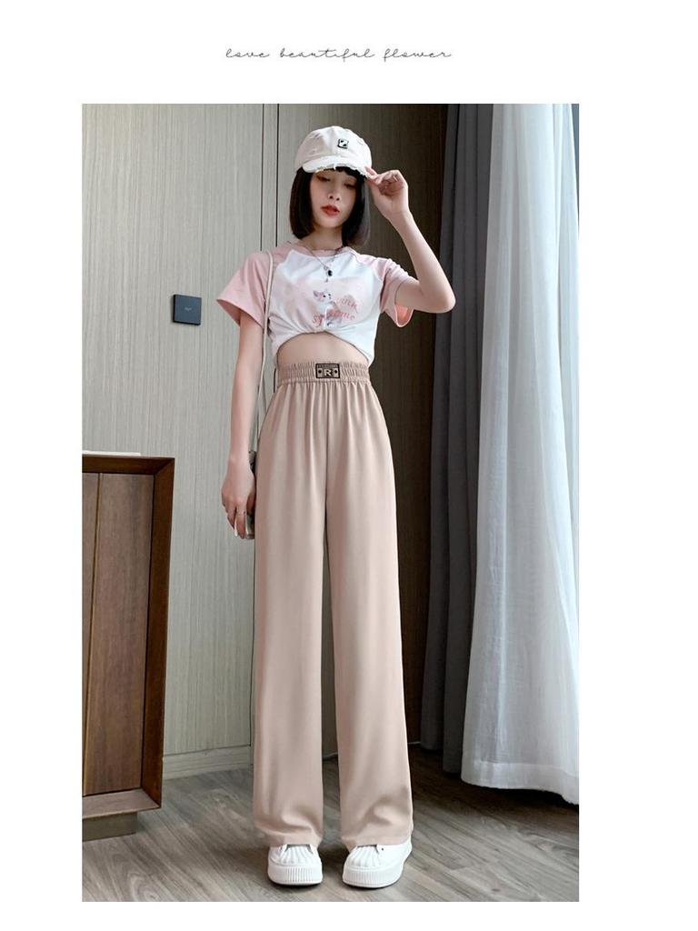 Women's Large Ice Silk Wide-Leg Pants: High-Waist, Thin, Straight, Sun-Protective, Cool, Casual Summer Wear