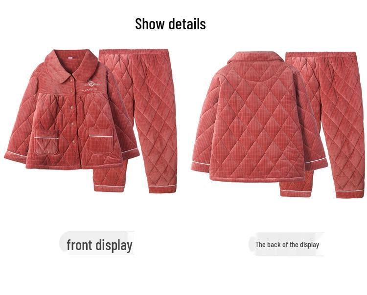Mei Ji Yun Women's Plus Size Quilted Flannel Pajama Set - Cozy Three-Layer Design for Home Wear