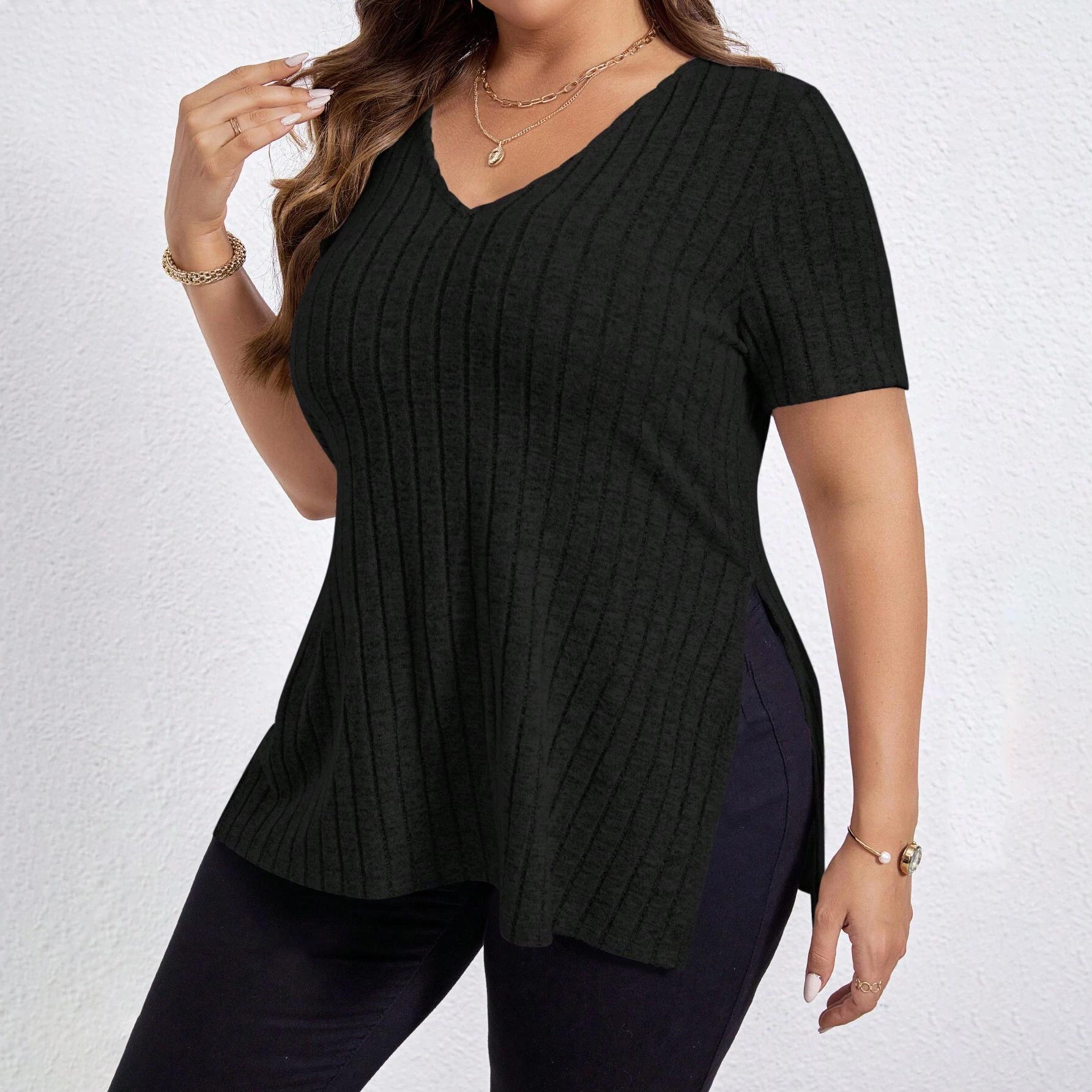 

Весенне-летний однотонный женский топ больших размеров с v-образным вырезом и короткими рукавами, пуловер с разрезом, футболка XL чёрный