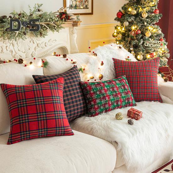 Christmas Pillowcase Plaid Print Single Side Print Colorfast Hidden Zipper Two Sizes Available Couch Decoration Throw Pillow Cover Pillow Sham