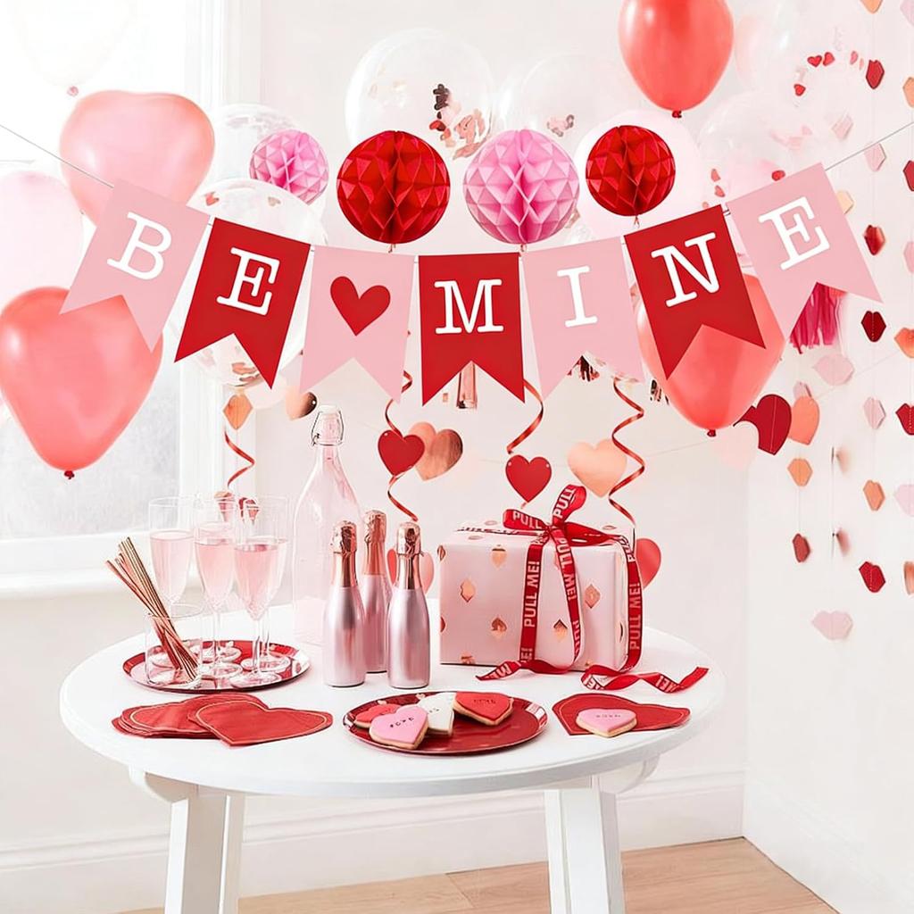 21Pcs Valentine's Day Decorations Set - Pre-Assembled BE MINE Banner with Heart Swirls & XOXO Garlands, Romantic Party Decor for Engagement Wedding