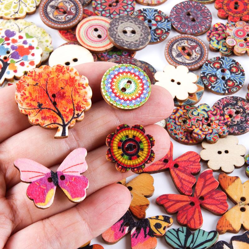 10pcs Rustic Handmade Wooden Buttons, Decorative Hand-Painted DIY Floral, Butterfly & Tree Designs for Crafts