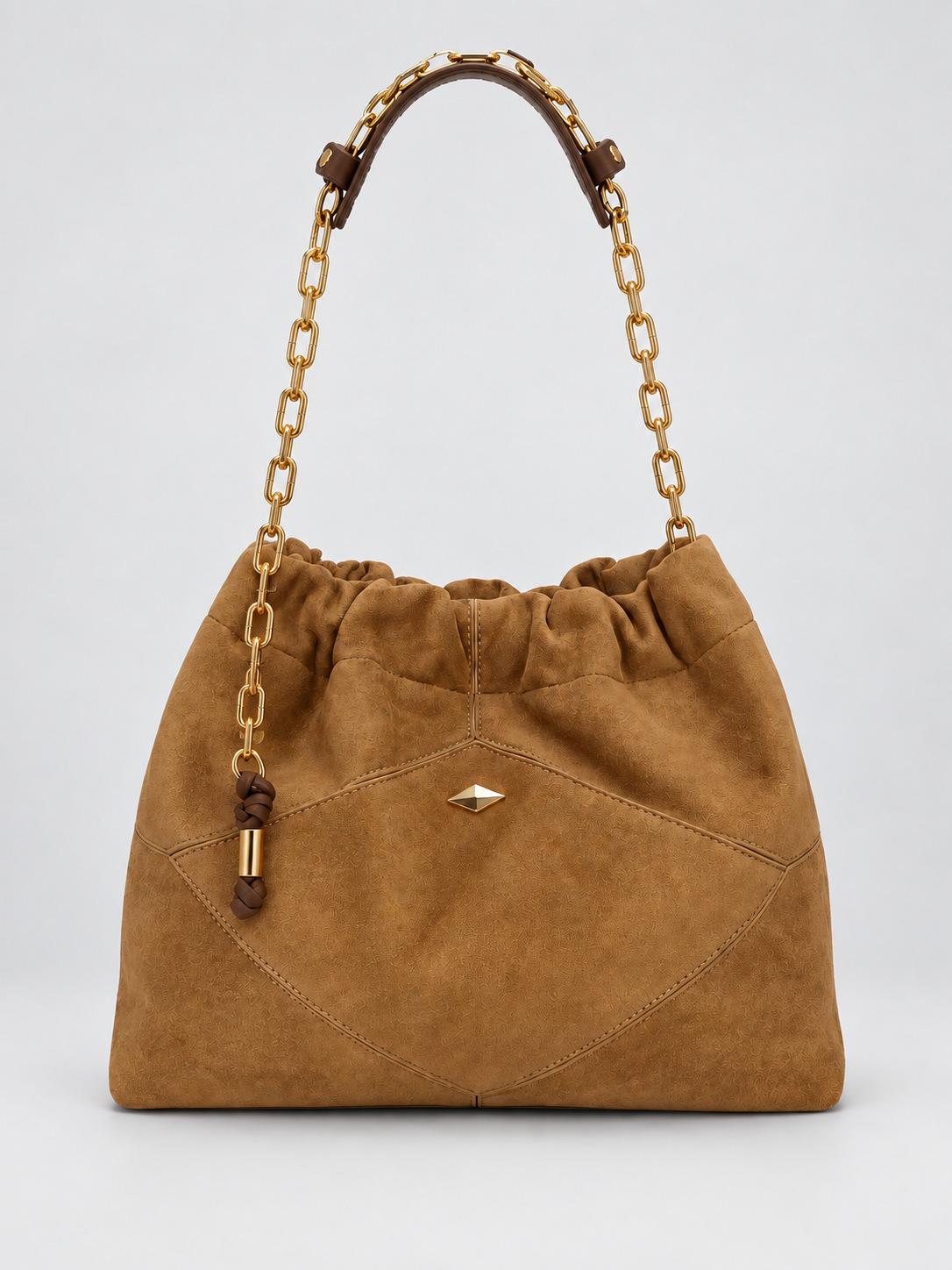 Brown Bucket Bag, Suede Drawstring, Single